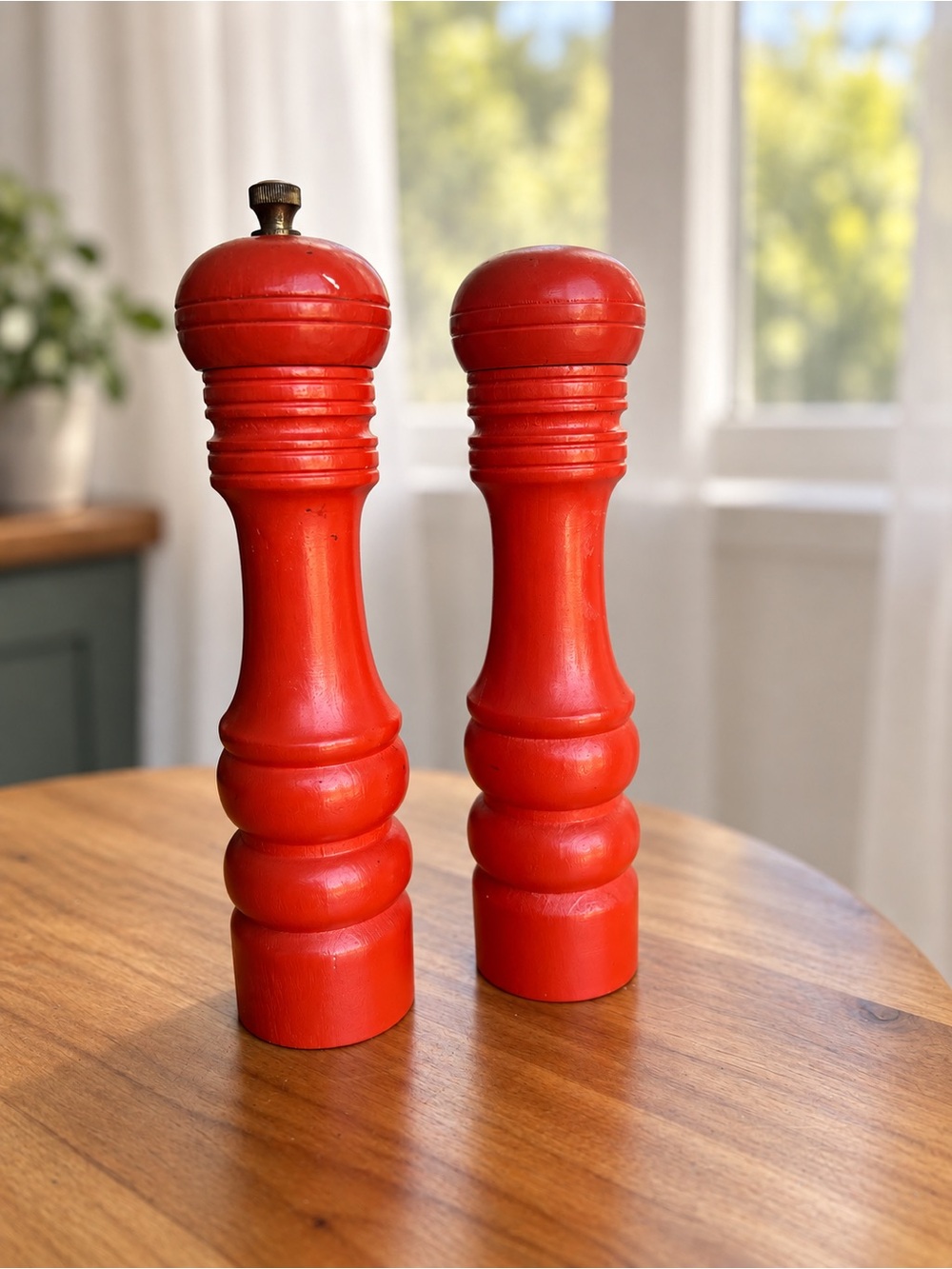 Vintage Red Wood Salt Shaker & Pepper Grinder Set MCM Japan 7” Kitchen Decor